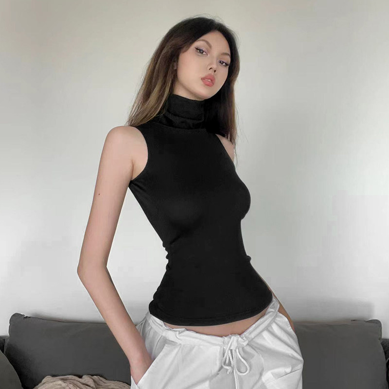 怪诞女孩 欧美时尚街拍设计感高领无袖上衣辣妹修身显瘦纯色背心