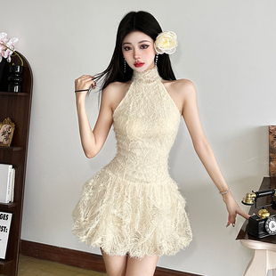 短裙 名媛千金绝美无袖 怪诞女孩 纯欲风精致蕾丝勾花挂脖连衣裙女