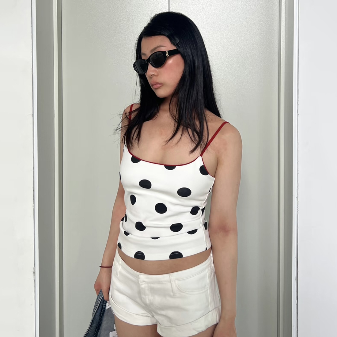 美式辣妹撞色圆点印花吊带背心女