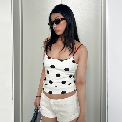 美式辣妹撞色圆点印花吊带背心女
