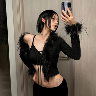 怪诞女孩 涩谷辣妹风毛毛拼接系带长袖T恤女 修身设计感开衫上衣