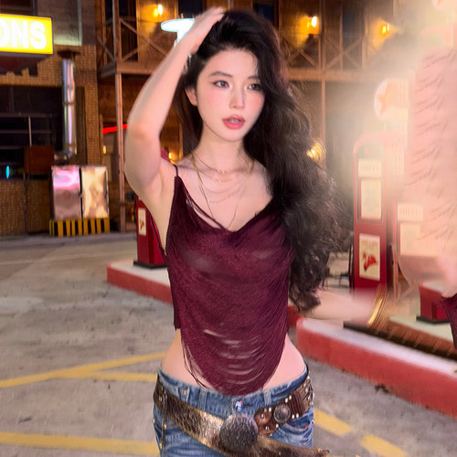 纯欲辣妹性感流苏露背吊带背心女