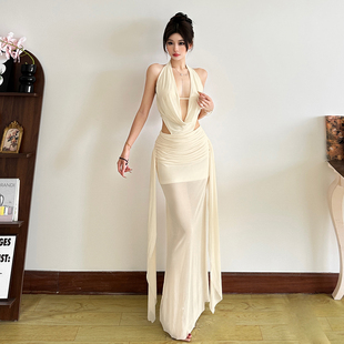 怪诞女孩 绝美性感褶皱荡领露背挂脖连衣裙女 飘带拼接网纱鱼尾裙