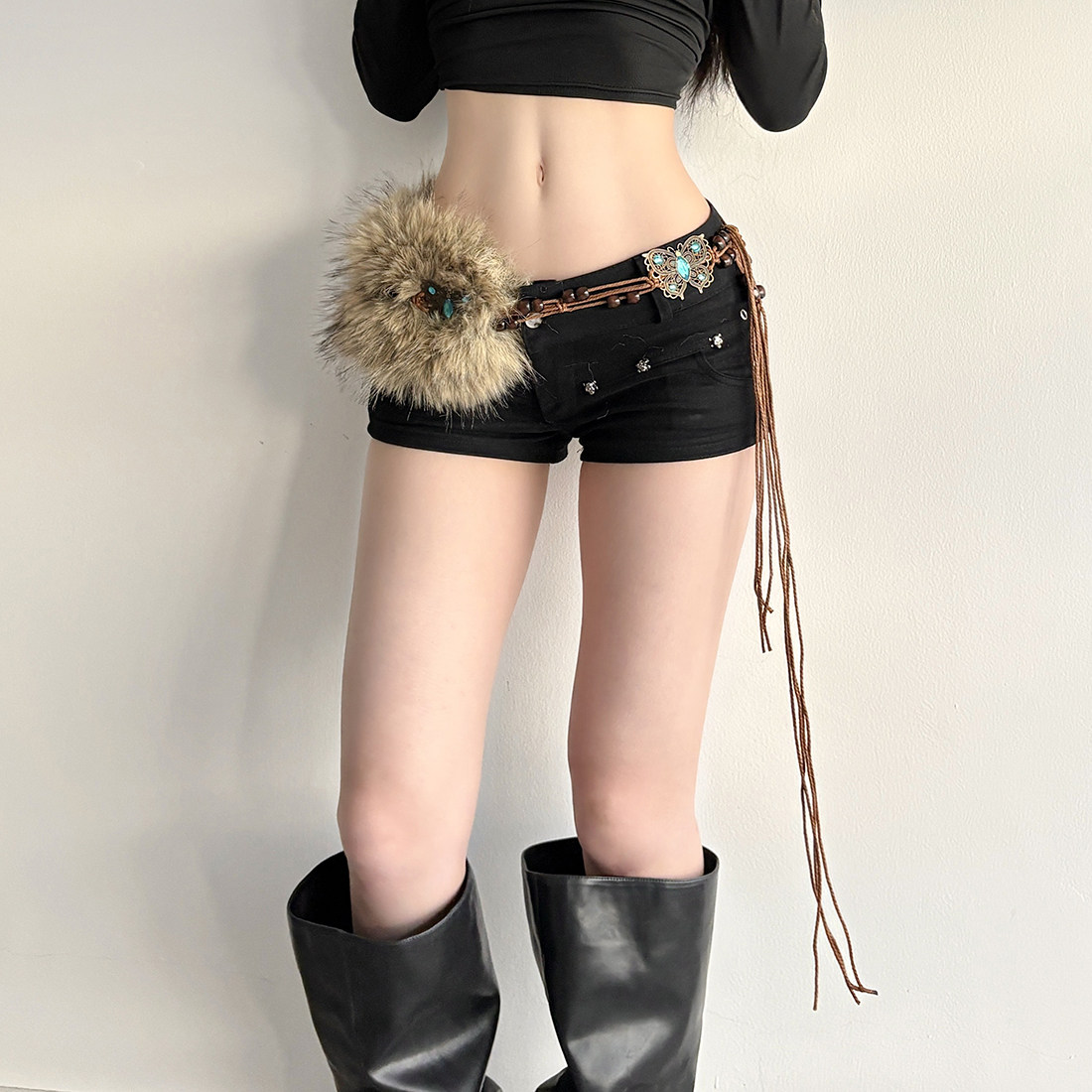 波西米亚复古蝴蝶装饰毛毛腰带女