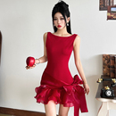 超好看高腰生日小礼服 连衣裙女 怪诞女孩 新年年会红色蝴蝶结无袖