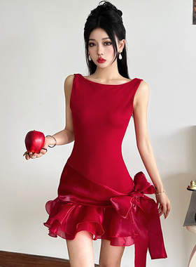 怪诞女孩 新年年会红色蝴蝶结无袖连衣裙女 超好看高腰生日小礼服
