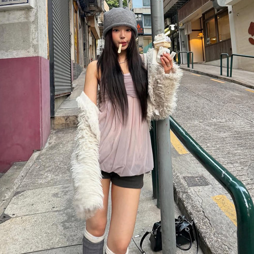 韩系纯欲设计感网纱拼接吊带背心
