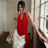 怪诞女孩 上衣 飘带露背不规则无袖 氛围感红色时尚 荡领挂脖背心女