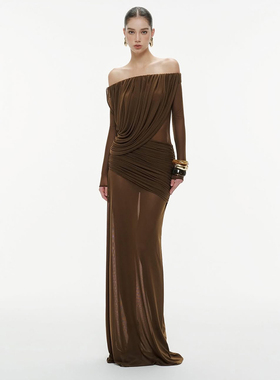 怪诞女孩 法式复古褶皱网纱一字肩连衣裙女 小众设计感修身拖地裙