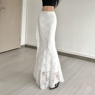 怪诞女孩 优雅性感白色蕾丝高腰鱼尾半身裙女 法式修身显瘦包臀裙