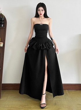 怪诞女孩 赫本风优雅黑色蓬蓬抹胸连衣裙女 大摆型高开叉礼服长裙