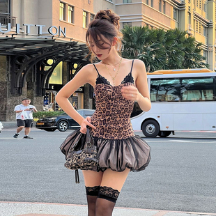 怪诞女孩 Vintage时尚豹纹蕾丝拼接吊带连衣裙女 高腰显瘦蓬蓬裙