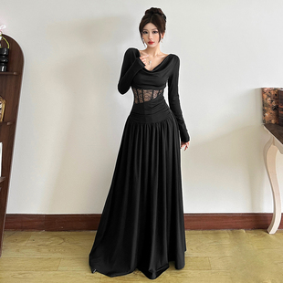 法式 修身 气质镂空蕾丝荡领长袖 秋季 超好看长裙 连衣裙女 怪诞女孩