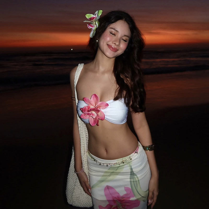 怪诞女孩 海边度假风氛围感立体花朵抹胸+印花网纱半身裙两件套女,女装/女士精品,时尚套装,淘宝优惠券,粉丝福利购,淘宝优惠卷