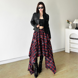 怪诞女孩 黑道拽姐风酷飒黑色夹克外套+红色格纹半身裙两件套装女