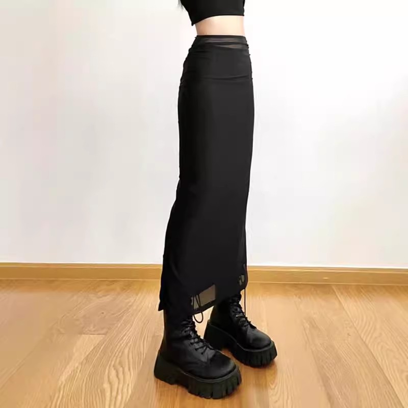 怪诞女孩 甜酷御姐风黑色网纱高腰半身裙女 修身显瘦辣妹包臀长裙