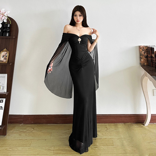 怪诞女孩 【缪斯女神】名媛性感网纱拼接收腰一字肩抹胸连衣裙女