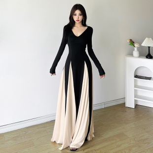 大裙摆收腰拖地长裙 连衣裙女 怪诞女孩 茶歇优雅温柔撞色拼接长袖