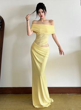 怪诞女孩 清新少女感柠檬黄褶皱一字肩连衣裙女 镂空露腰鱼尾长裙