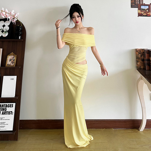 清新少女感柠檬黄一字肩连衣裙女