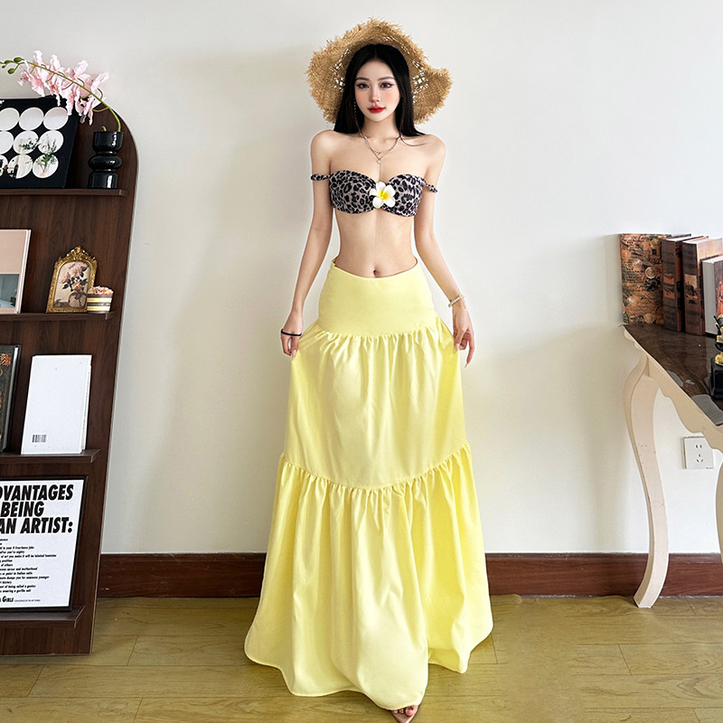 怪诞女孩 夏日明媚度假风立体花朵豹纹抹胸高腰黄色半身裙两件套,女装/女士精品,时尚套装,淘宝优惠券,粉丝福利购,淘宝优惠卷