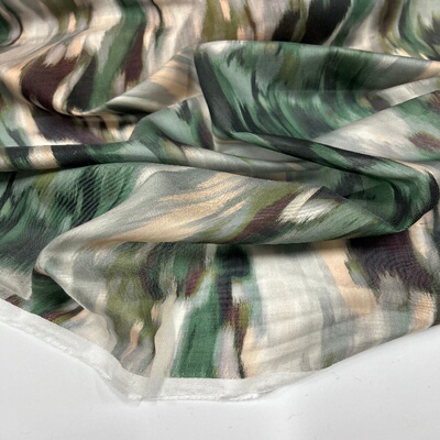 新中式混纺印花天丝棉面料服装布料专业设计手工DIY绿色抽象图案