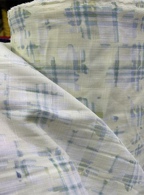 清新绿色格子竹节纹麻纱布料春夏服装面料