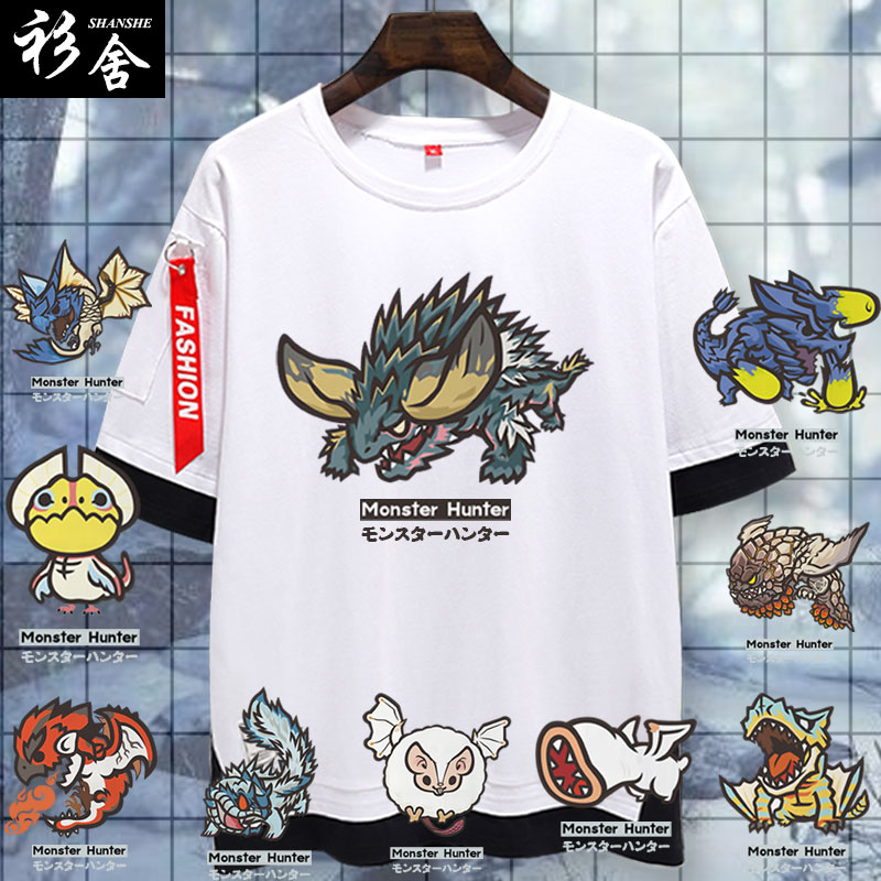 怪物猎人游戏假两件短袖T恤衫