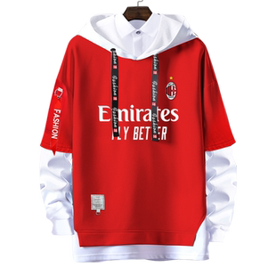 AC米兰红黑军团队服伊布同款假两件连帽卫衣男女学生外套帽衫衣服