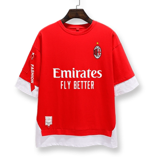AC米兰红黑军团伊布卡卡足球迷服假两件短袖T恤衫男半中袖5五分袖