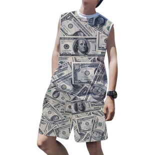 美元美金各国货币金钱符号纸币速干背心无袖T恤衫短裤子套装男士