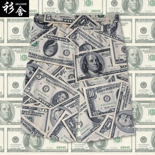 美元美金各国货币金钱符号纸币速干短裤子男士五分中裤创意休闲裤