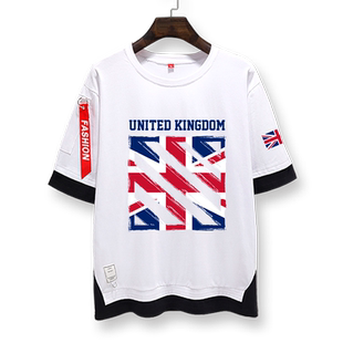 英国UK联合王国伦敦标志国旗假两件短袖T恤衫男女5五分袖半袖中袖