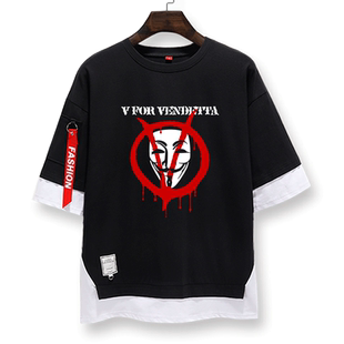 V字仇杀队怪客黑客面具小丑美剧电影周边假两件短袖T恤衫男五分袖