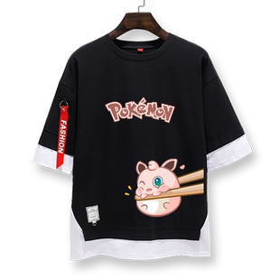 精灵宝可梦卡达鸭皮卡丘动漫周边假两件短袖T恤衫男女5五分袖中袖