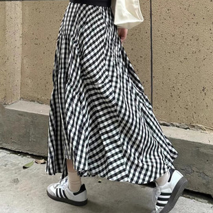 2024夏季 新品 M家文艺感松紧高腰荷叶边不规则格纹半身裙女中长款