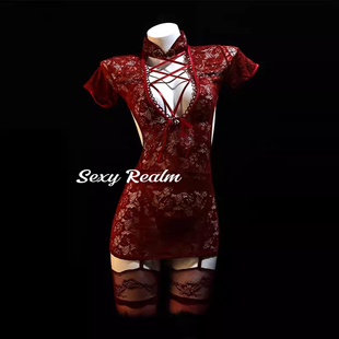 超越性感「似水柔情」性感旗袍睡裙镂空蕾丝花边绑带中式纯欲qqny