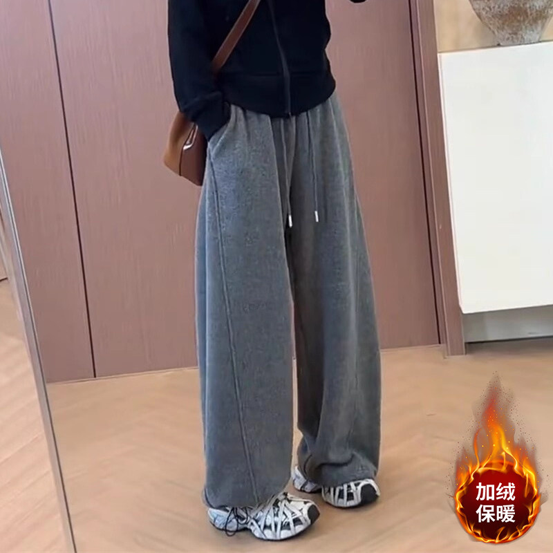 浅灰色加绒毛呢抽绳运动阔腿裤女冬季小个子xs高腰保暖休闲弯刀裤