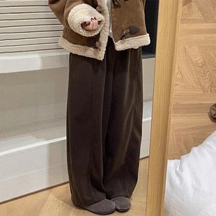 秋冬矮个子垂感高腰加绒加厚咖色阔腿裤 女 145cm松弛感休闲弯刀裤