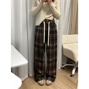 小个子宽松直筒慵懒复古格子裤 145cm加绒黑色毛呢阔腿裤 女冬爆款