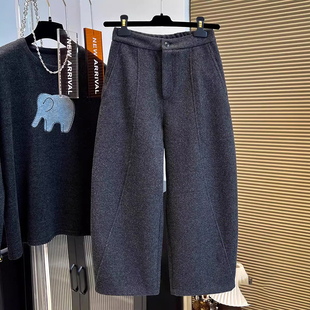 矮个子深灰色加绒毛呢弯刀裤女冬季休闲气球裤宽松九分阔腿哈伦裤