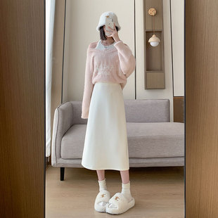 小个子145cm粉色半身裙女秋冬爆款 雪尼尔a字加绒中长裙百搭包臀裙