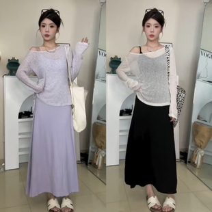 150小个子法式显瘦紫色吊带连衣裙露肩防晒长袖罩衫两件套装xs女
