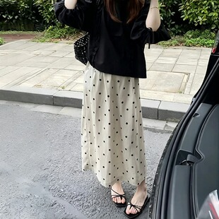 矮个子法式亚麻波点半身裙夏季2026爆款高腰中长款a字棉麻直筒裙