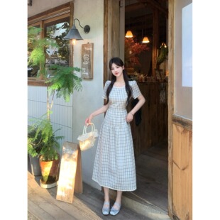 145小个子150夏季新款花边拼接收腰气质时尚格子圆领连衣裙长裙XS