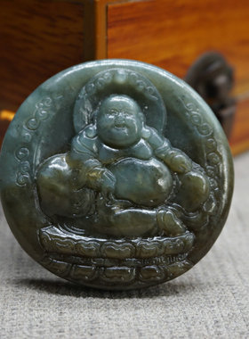 天然玉石和田玉糖青俏色雕刻双面弥勒佛吊坠项链色玉雕男女款颈饰