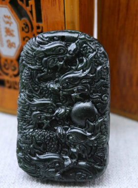 天然黑绿玉九龙戏珠玉坠双面雕刻九龙吊坠男士款挂件项链吊坠
