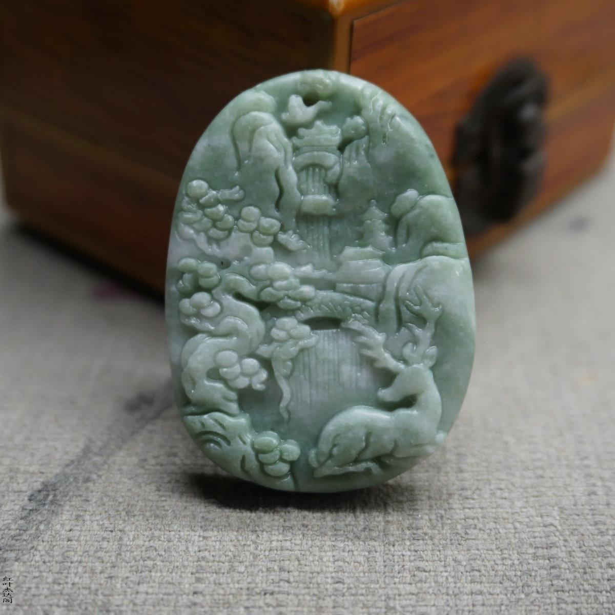 天然玉石贵州翠玉坠汉服椭圆双鹿一路平安吊坠压襟玉佩项链玉挂件