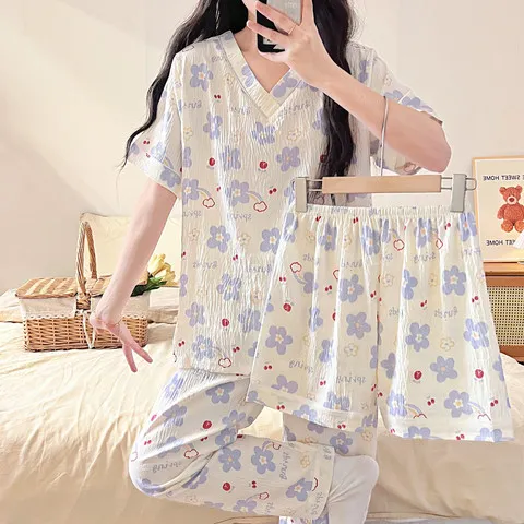 短袖短裤女跨境三件套卡通睡衣长裤爆款云朵棉V领夏季家居服套装