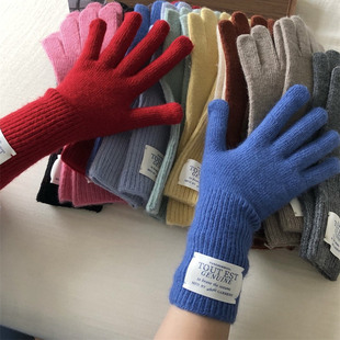 韩系ins纯色贴布长款 五指保暖骑行可触屏针织手套